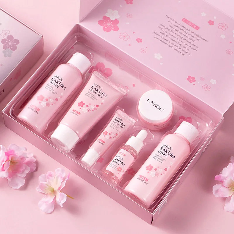 Laikou 6Pcs/Set Sakura Skin Care Sets Facial Cleanser Moisturizing Eye Creams Face Cream Serum Lotion Toner Face Care Kit
