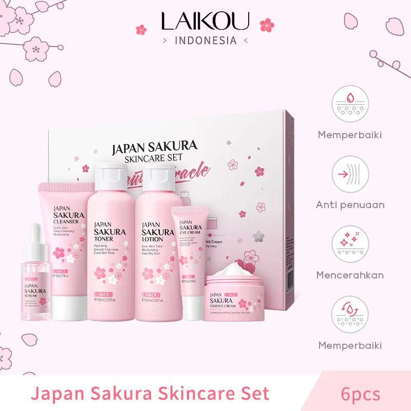 Laikou 6Pcs/Set Sakura Skin Care Sets Facial Cleanser Moisturizing Eye Creams Face Cream Serum Lotion Toner Face Care Kit